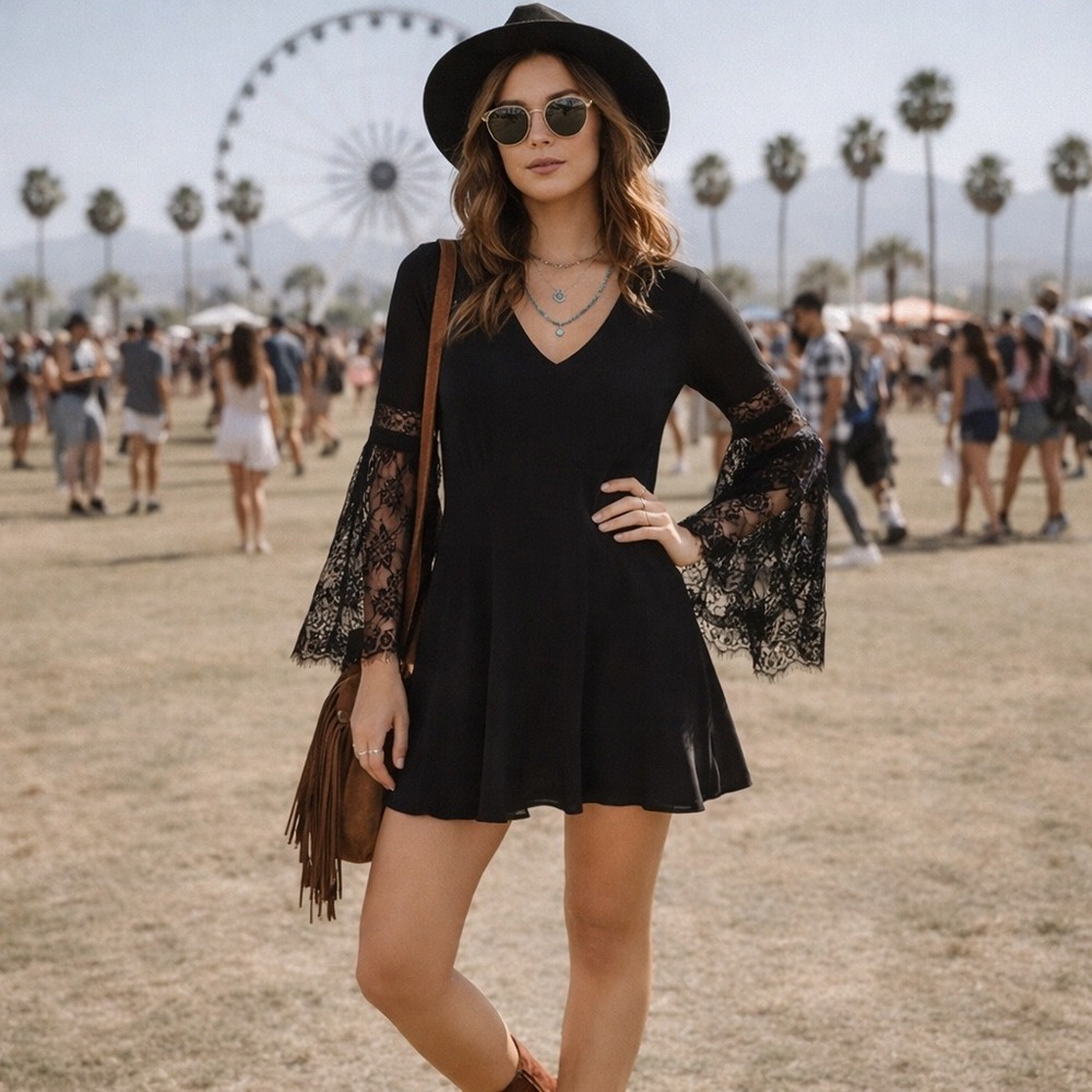 L*SPACE Black Lace Bell Sleeve V Neck Mini Dress Size XS